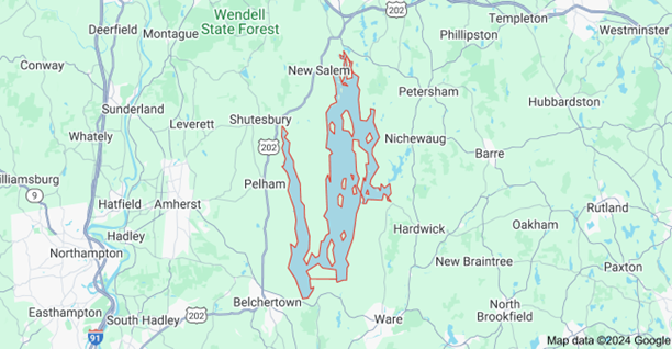 Map of Massachusetts with focus on the Quabbin Reservoir