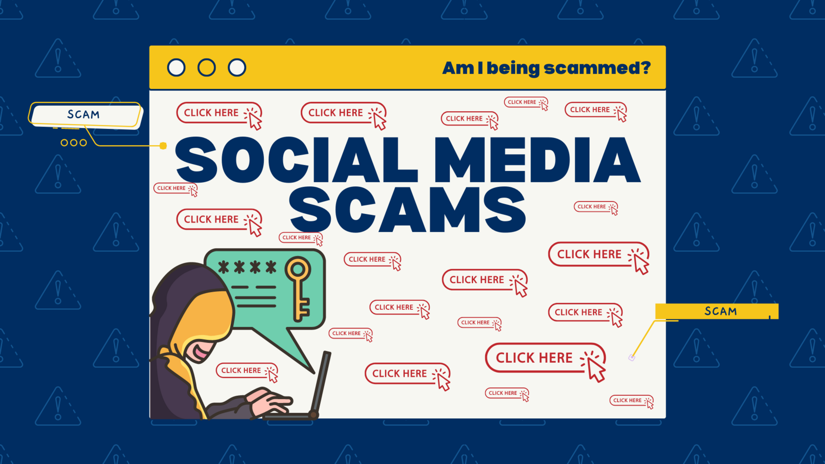 White, yellow, and dark blue illustration with the headline "Social Media Scams" in the center and man on a laptop in left corner.