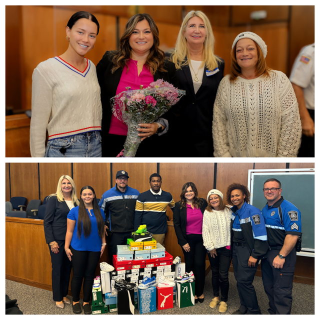Two images on top of each other. Top picture is of 4 women posing together, one holding flowers. The bottom photo is of a large group posing with a pile of sneakers and sneaker boxes.
