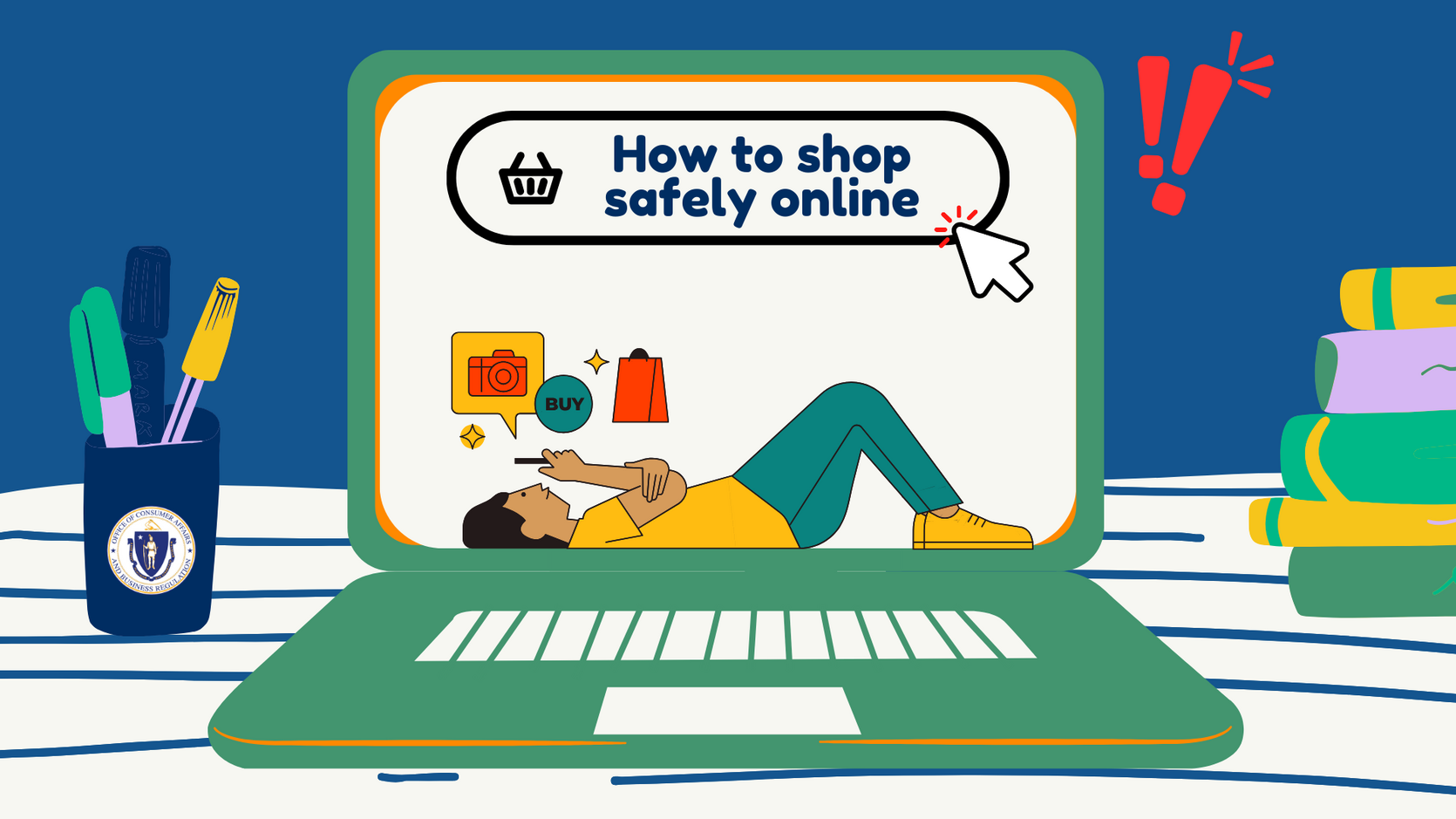 Illustration of a green laptop on a desk with an image on-screen of a person lying down and shopping on their phone. Headline says, "How to shop safely online."