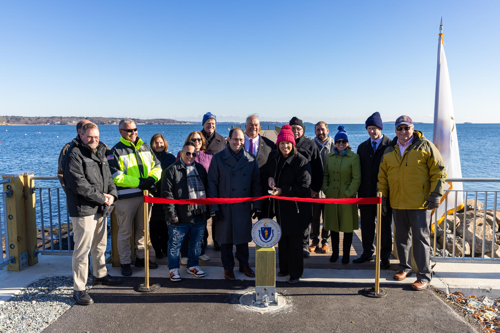 State and local leaders cut the ribbon on the newly constructed Salem Willows Fishing Pier on December 2, 2024, in Salem, MA.