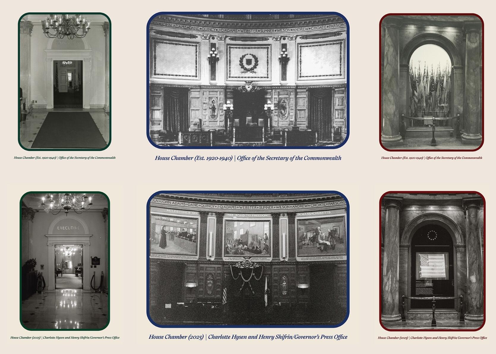 Six photos of the Massachusetts State House in two rows of three
