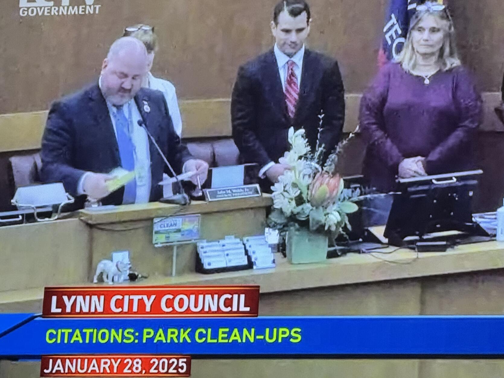 A TV pictured with caption "Lynn City Council. Citations: Park Clean-Ups. January 28, 2025"