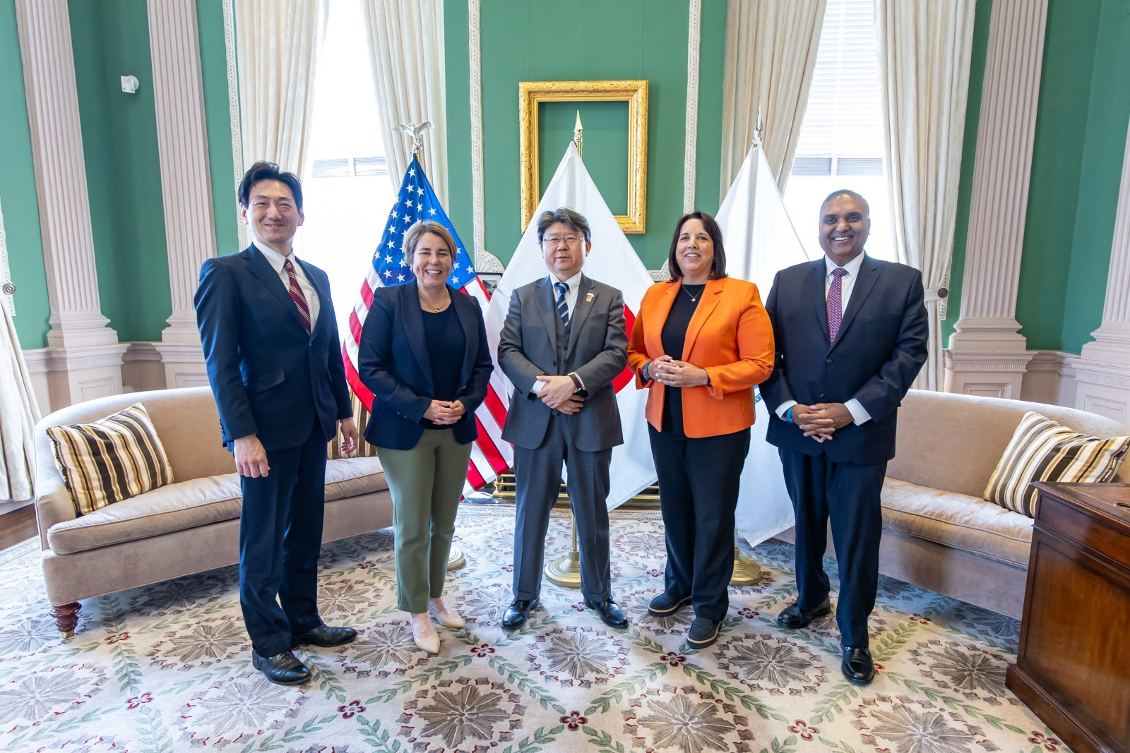 Healey with , Lieutenant Governor Kim Driscoll, Consul General Takahashi, the President of the Japan External Trade Organization (JETRO) in New York, Mr. Satoshi Miura, and Executive Director of the Massachusetts Office of International Trade and Investment Jeevan Ramapriya 