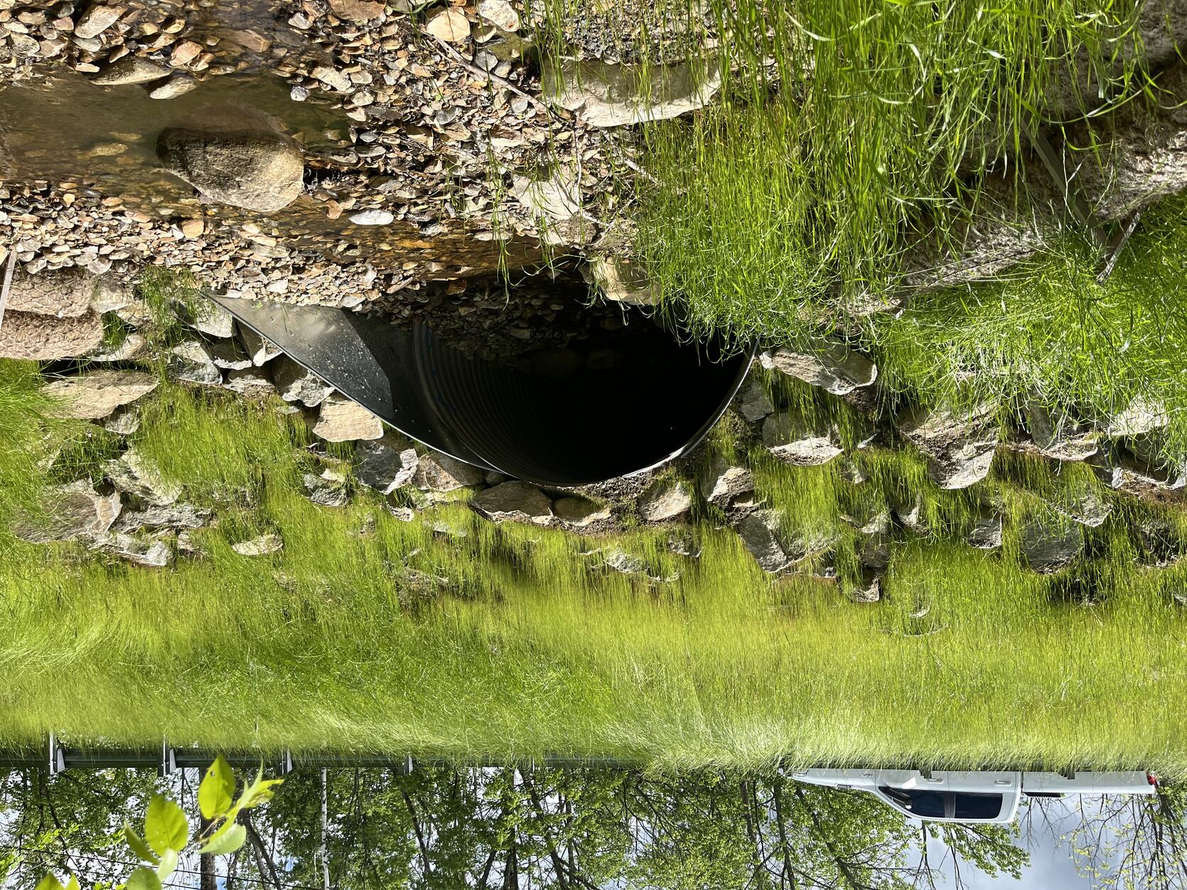 Water flowing through a culvert surrounded by green grass and a truck driving over it.