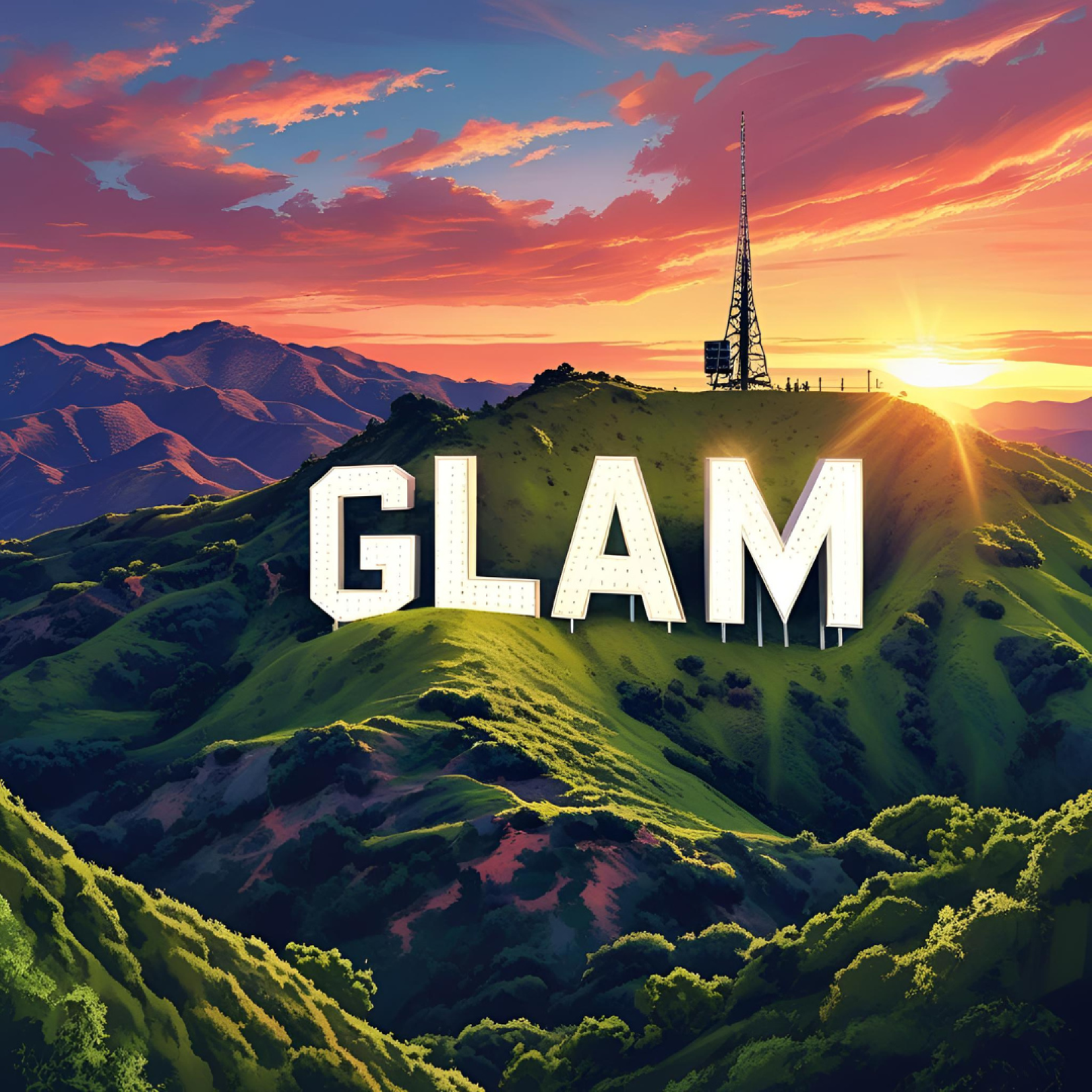 A mountain range at sunset with a Hollywood-style sign spelling GLAM