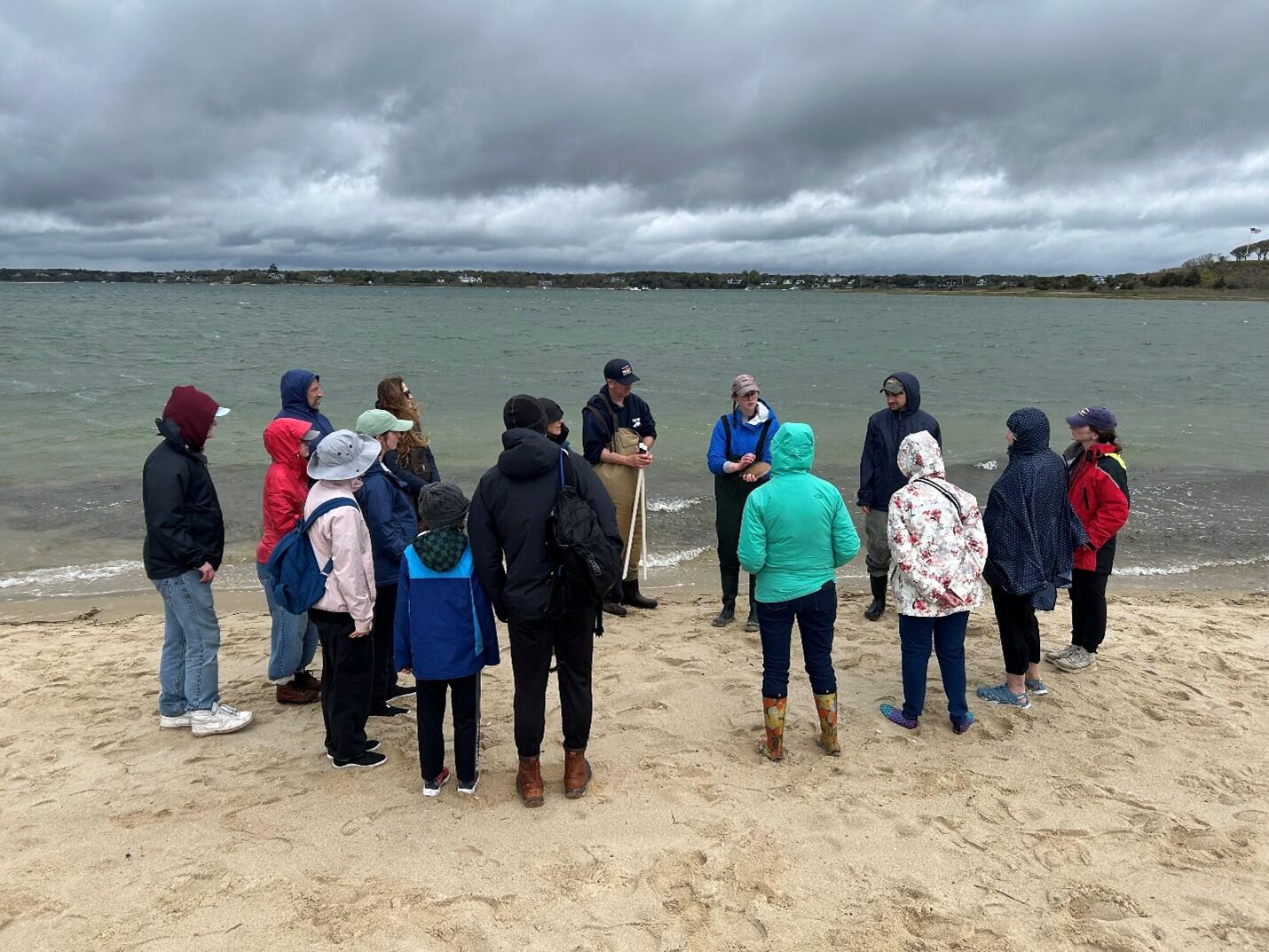 DMF staff training horseshoe spawning survey volunteers at a beach.