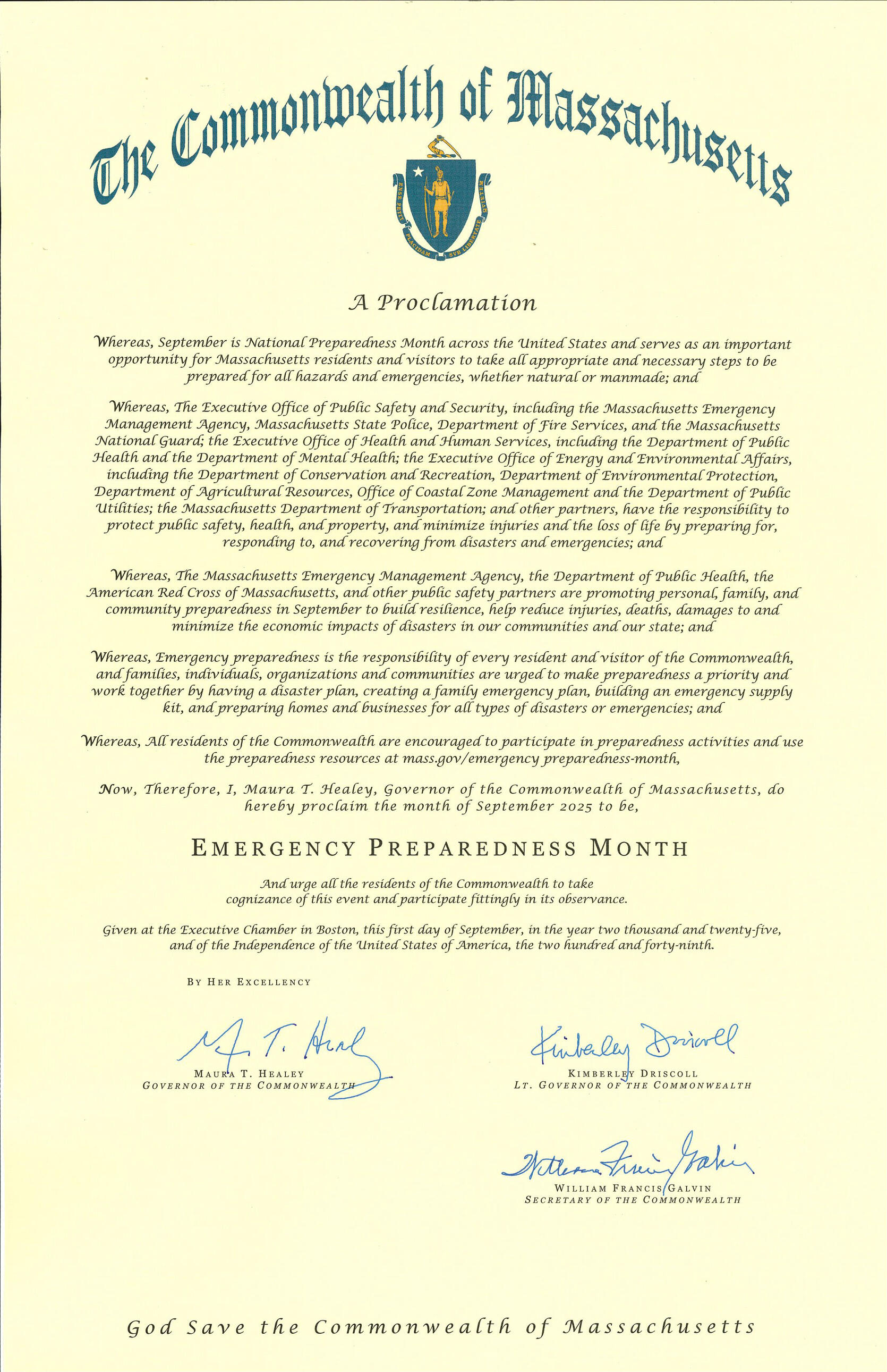 Governor Maura Healey has declared September 2025 as Emergency Preparedness Month.