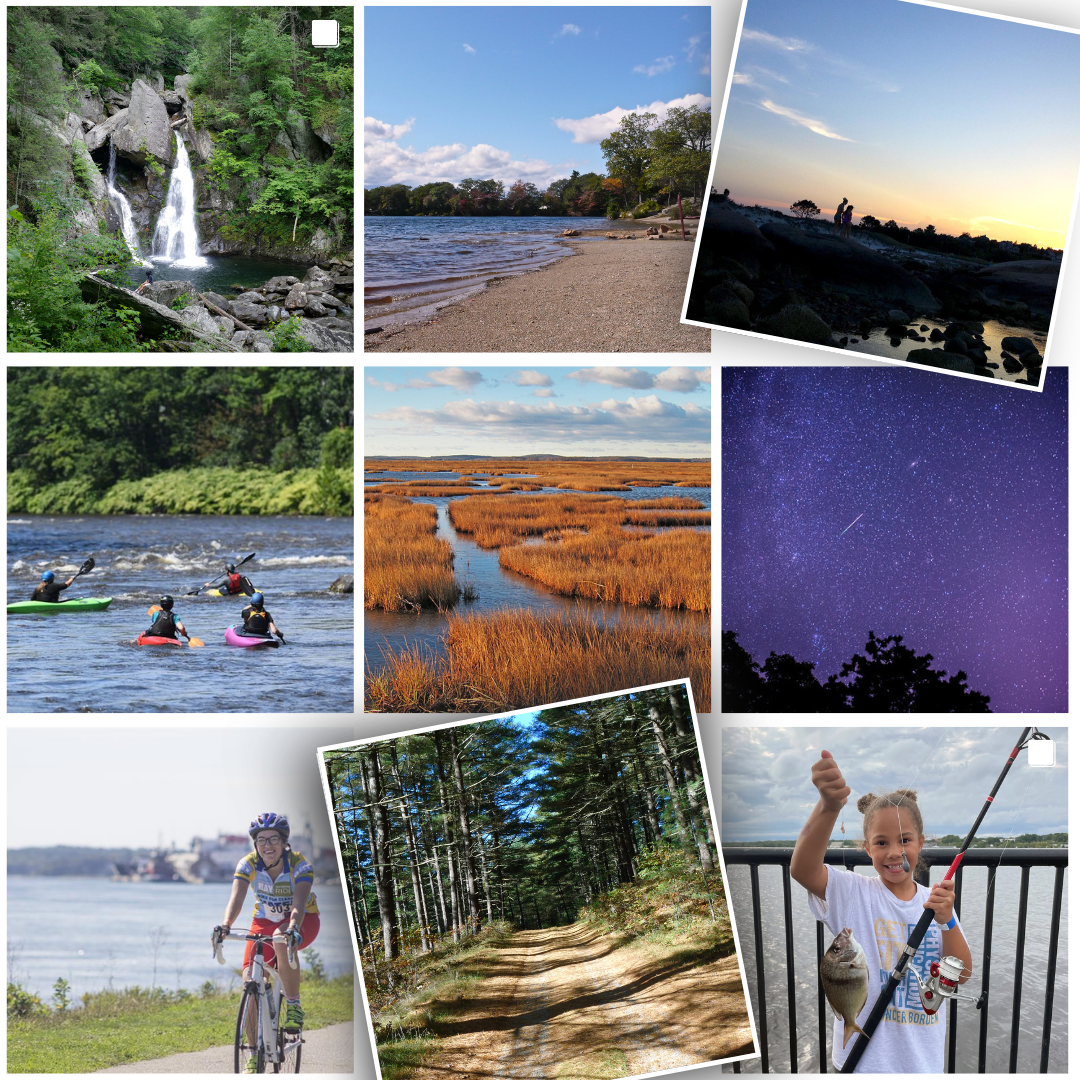 A photo collage of a waterfall, beach, tide pools, people rafting, a star filled sky, wetlands, and young child holding a fish