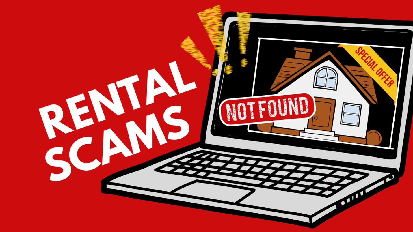 Illustration of computer with house and the headline "Rental Scams."