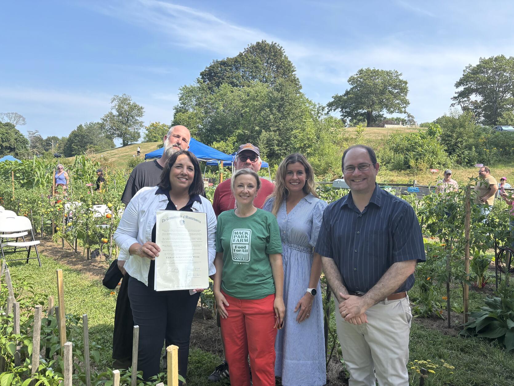 From left to right: Mack Park Farmers Matt Buchanan and Patrick Schultz, Lieutenant Governor Kim Driscoll, Salem Health & Wellness Coordinator Kerry Murphy, MDAR Commissioner Ashley Randle, Salem Mayor Pangallo pose for a photo with the 2025 Urban Ag Week Declaration