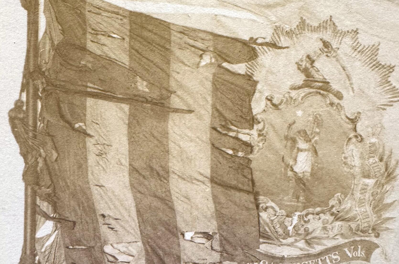 A closeup of 54th Massachusetts Infantry regimental battle flags