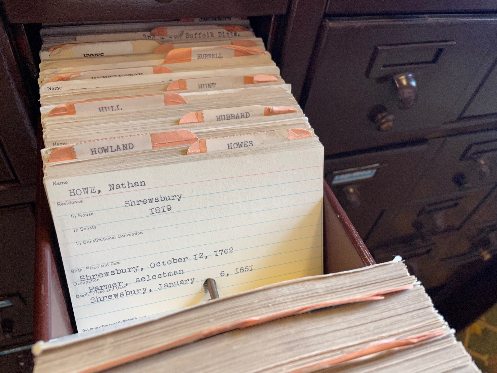An open drawer showing cards inside the original Legislative Biographical File 