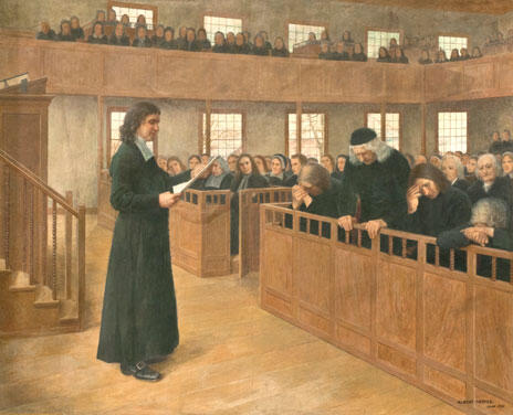 Oil painting of Judge Samuel Sewall, standing with head bowed, reading from a document in front of a room full of people seated.