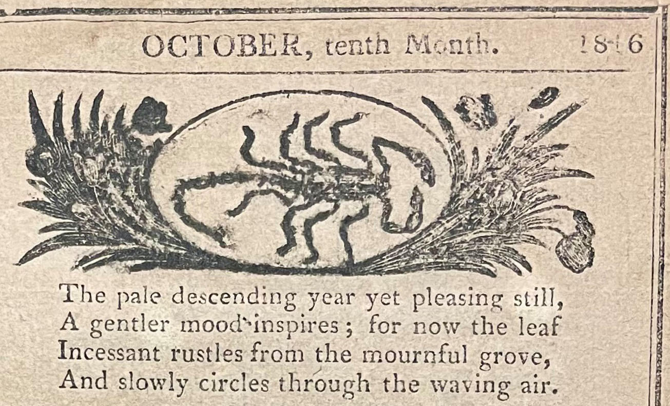 An illustration of the Scorpio sign with a short verse for October 1816 from The Farmer's Almanac