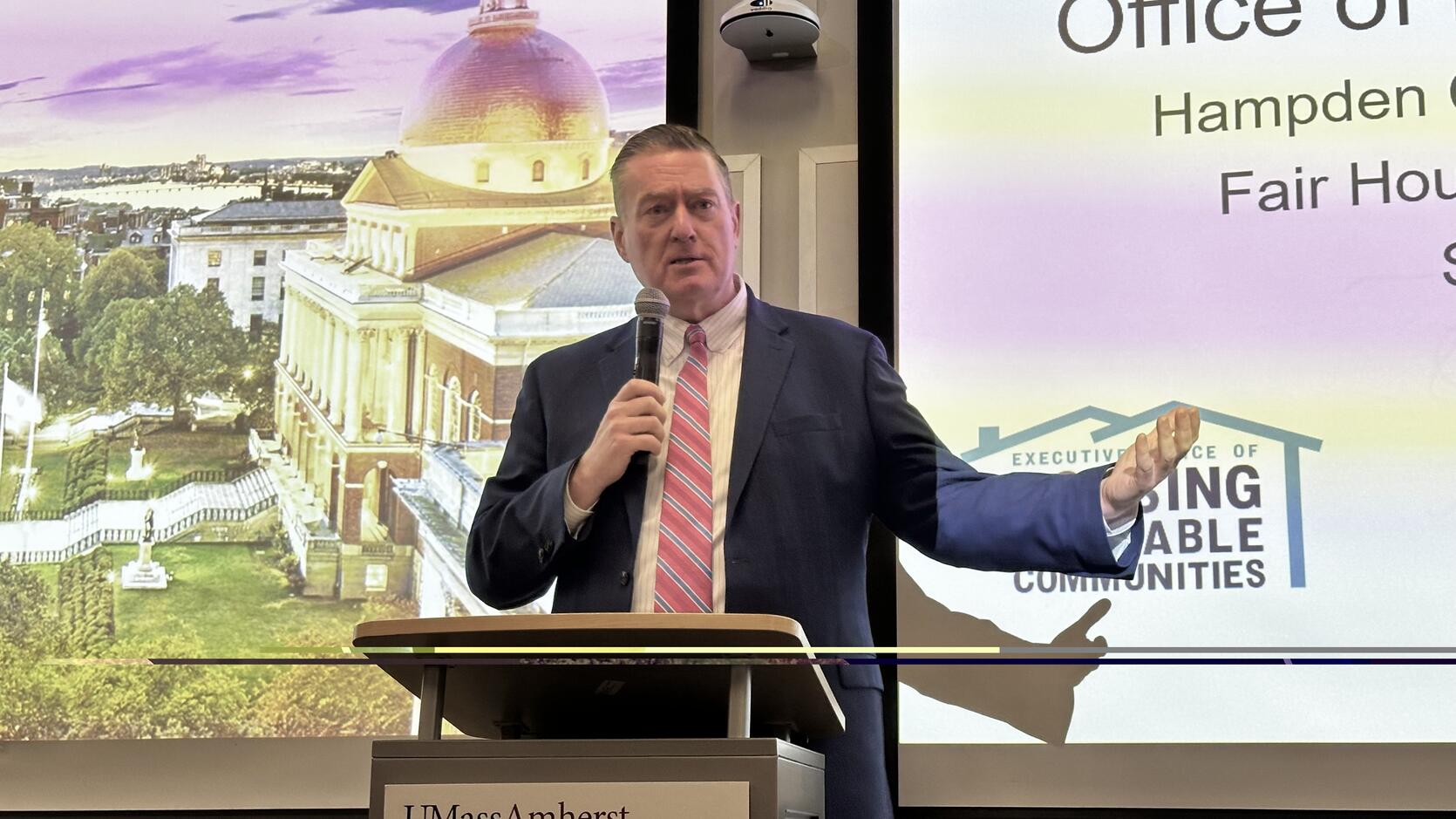 Secretary Augustus speaks at the fair housing listening session in Springfield on Nov. 17, 2025.