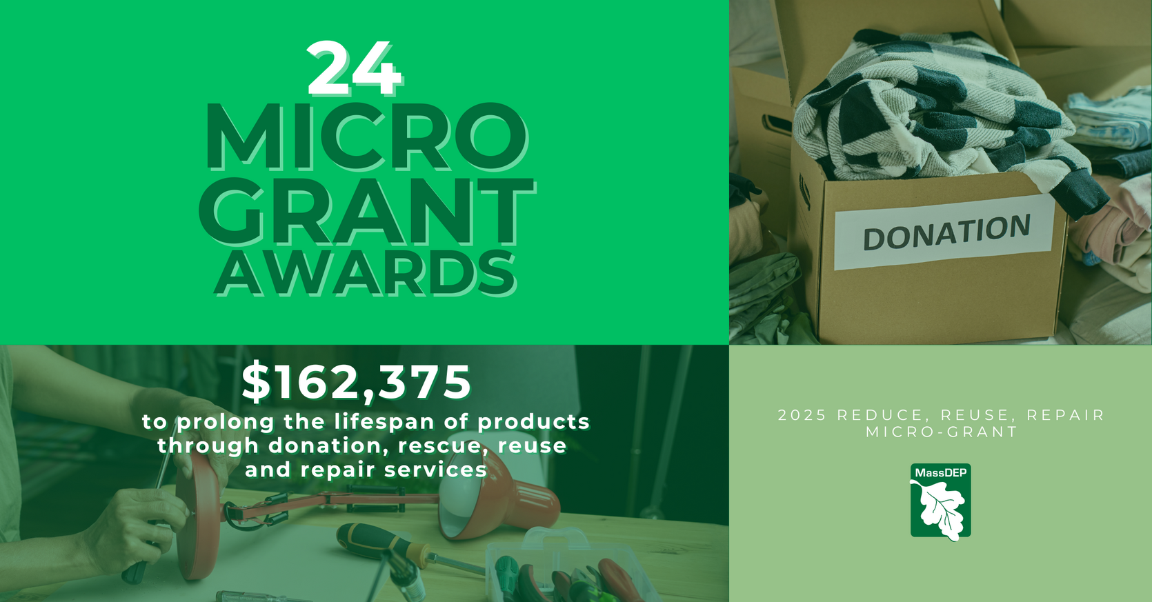 A clothes donation box and an individual repairs a desk lamp. 