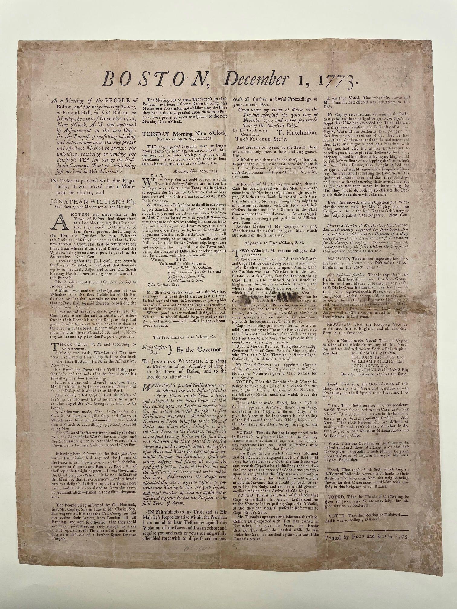 Broadside, published December 1, 1773, describing meetings held to discuss the matter of the tea