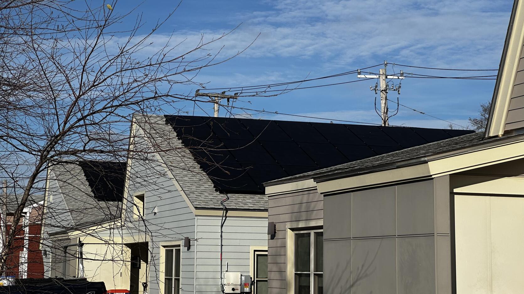 Solar array across the roofs at New Bedford Housing Authority’s Westwood development