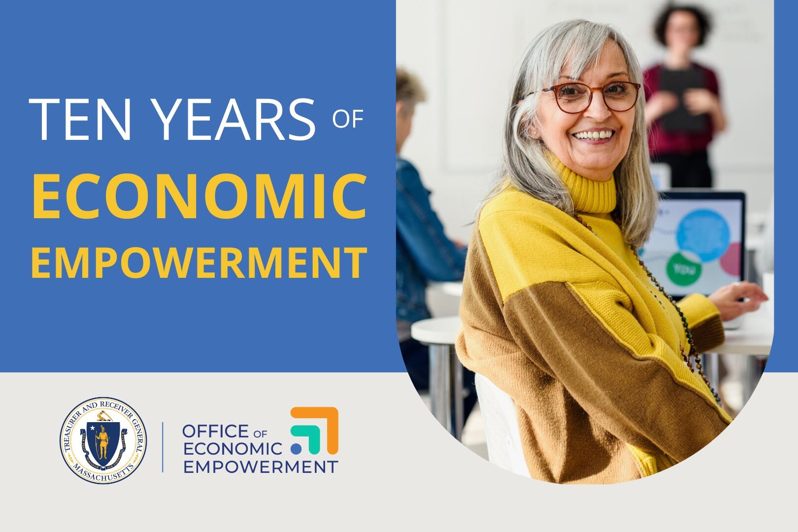 Image of a woman participating in a financial education workshop. Title: Ten Years of Economic Empowerment.