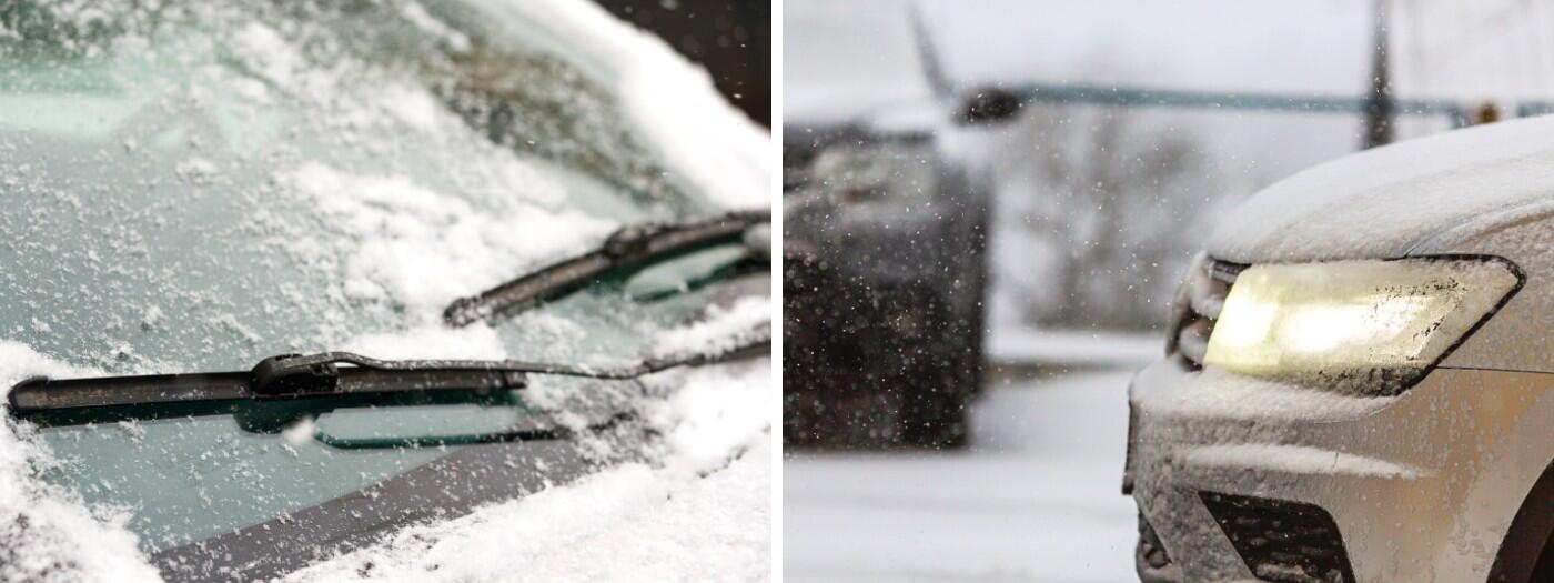 cars with snow on them and cars driving in the snow.