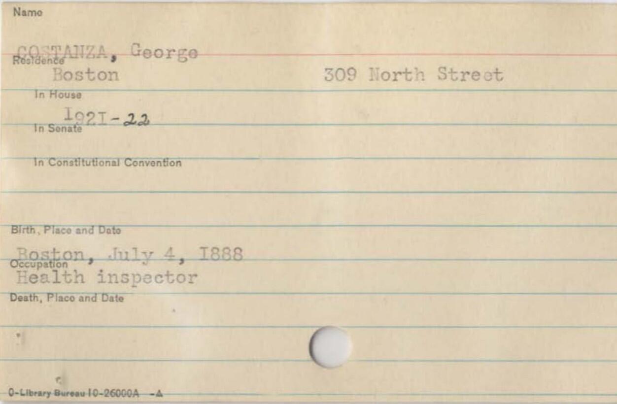 Card for Rep. George Costanza from the original Legislative Biographical File