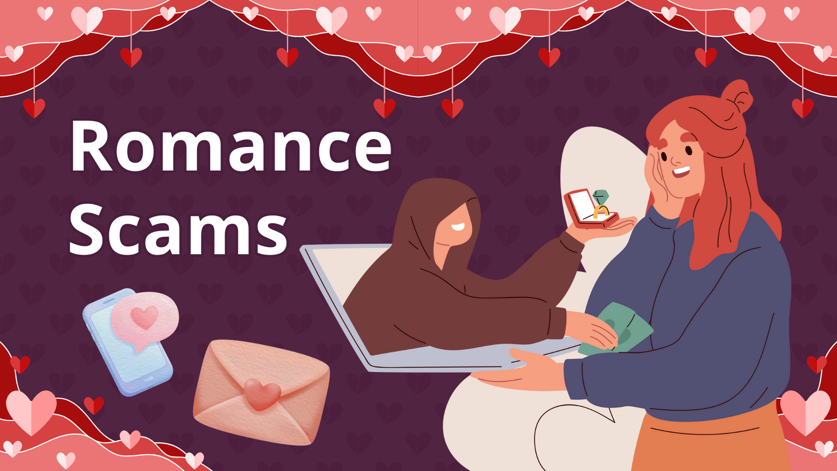 Decorative header with a hooded scammer proposing to a scam victim, text reading "Romance Scams" on a heart-patterned purple background.