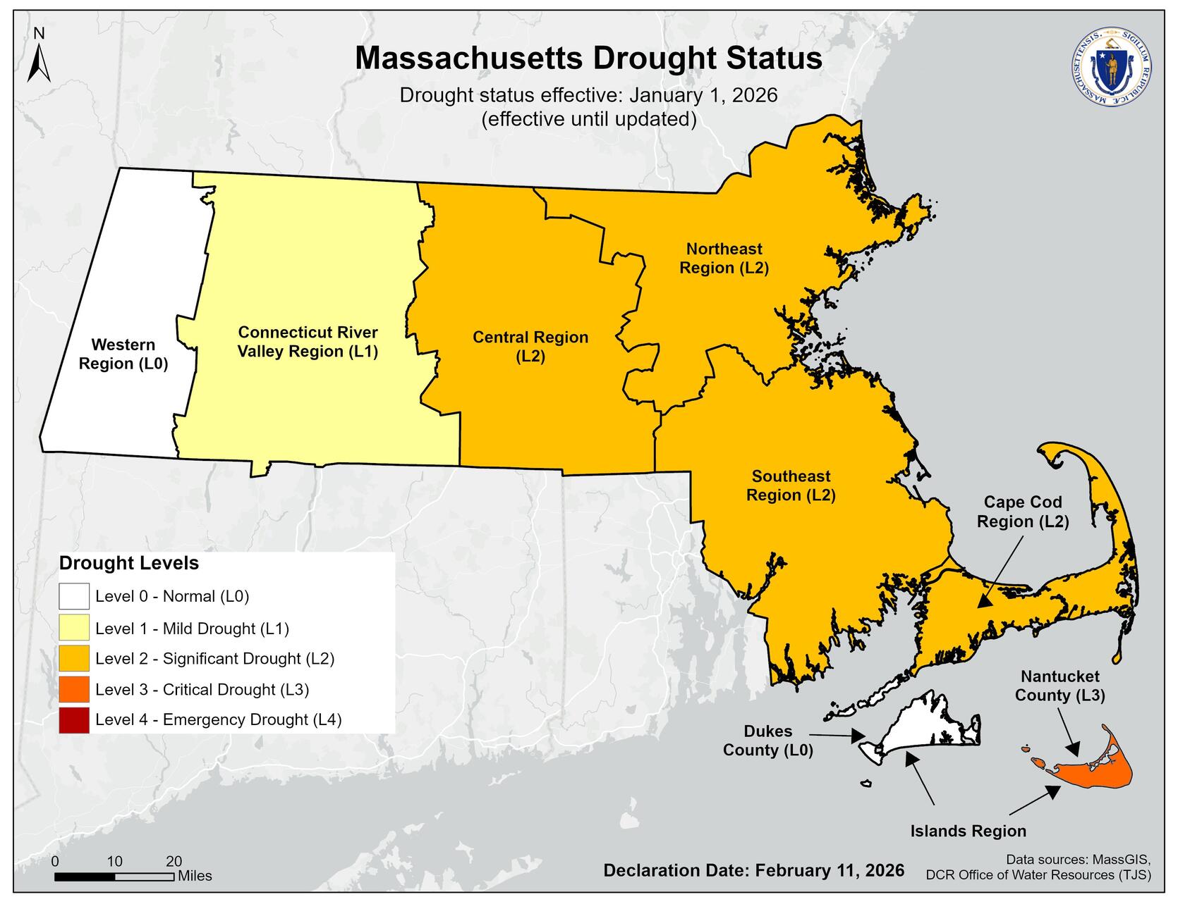 Massachusetts Drought Status: Western Region Level-0 Normal Conditions, Connecticut River Valley Region Level-1 Mild Drought, Central Region Level-2 Significant Drought, Northeast Region Level-2 Significant Drought, Southeast Region Level-2 Significant Drought, Cape Cod Region Level-2 Significant Drought, Dukes County Level-0 Normal Conditions, Nantucket County Level-3 Critical Drought Conditions 