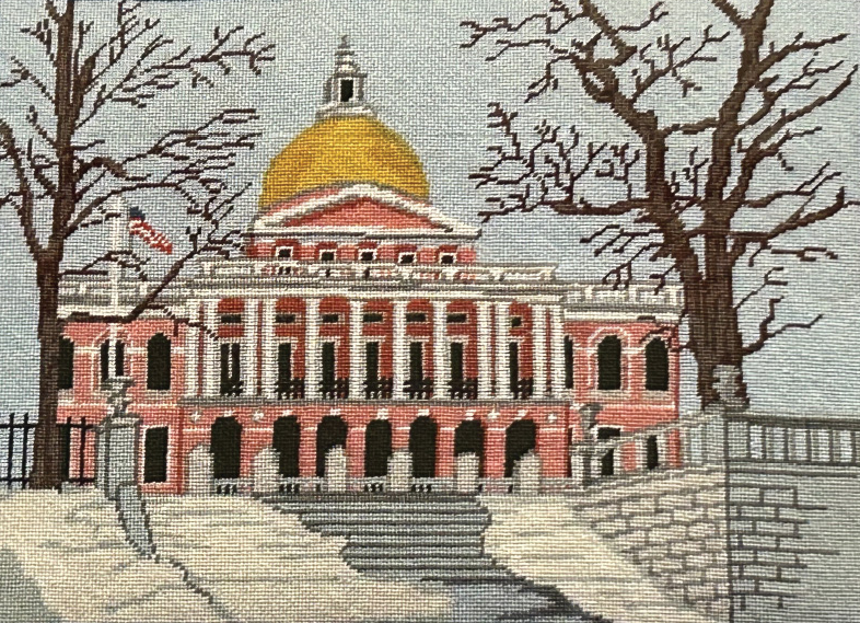 A close-up look at the needlepoint State House on the Freedom Trail Tapestry