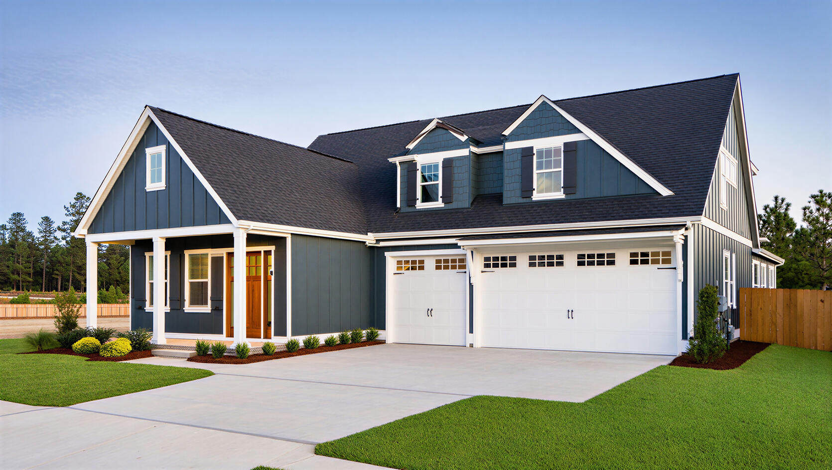 New Construction Blue House with White Trim, Double Garage, and Fresh Green Lawn