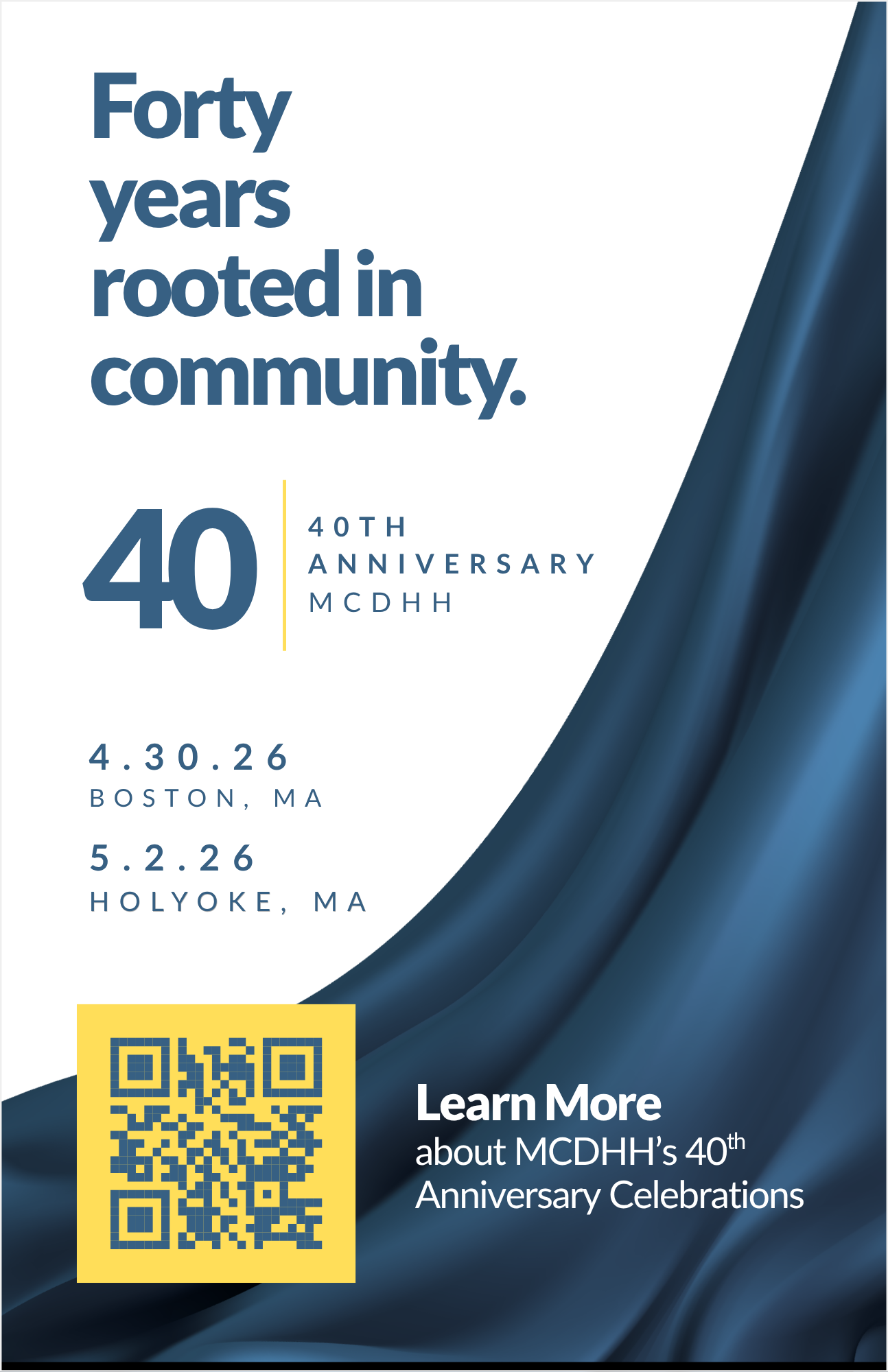 MCDHH 40th Anniversary Banner showing the two event dates, April 30 and May 2, 2026, and a QR code leading to the event registration page.