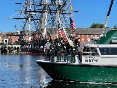 Environmental police boat with USS Constitution in the background