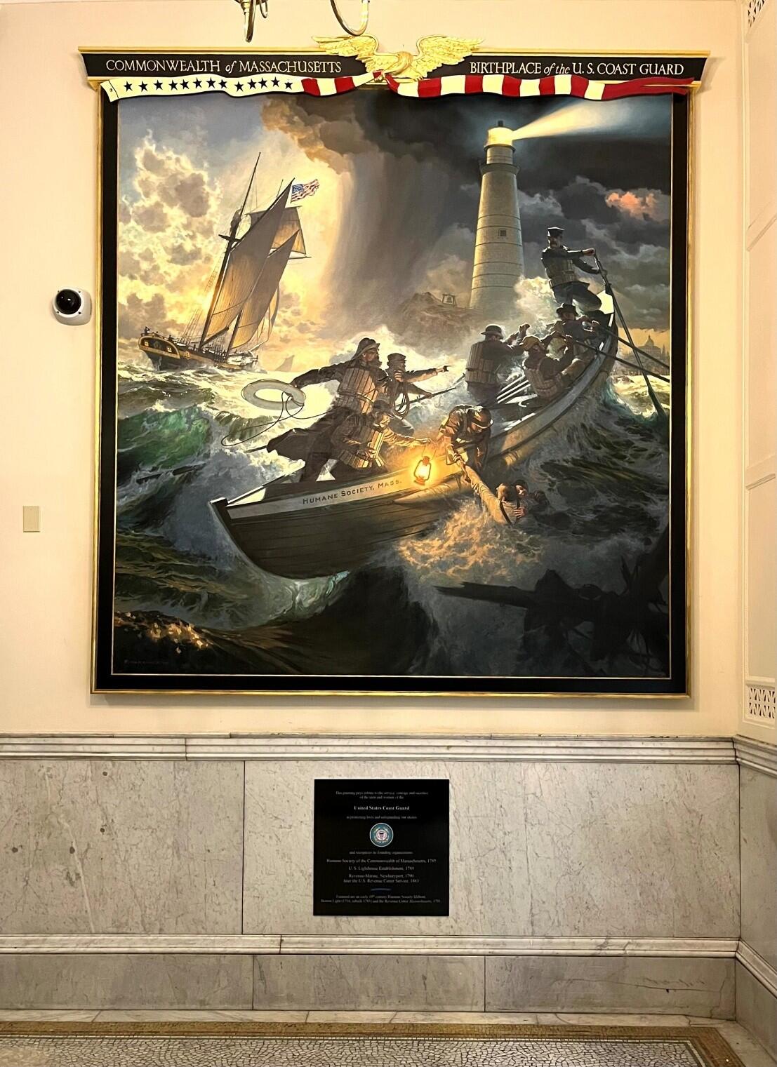 Dramatic painting shows a stormy sea rescue, featuring a small boat with sailors battling waves, near a lighthouse.