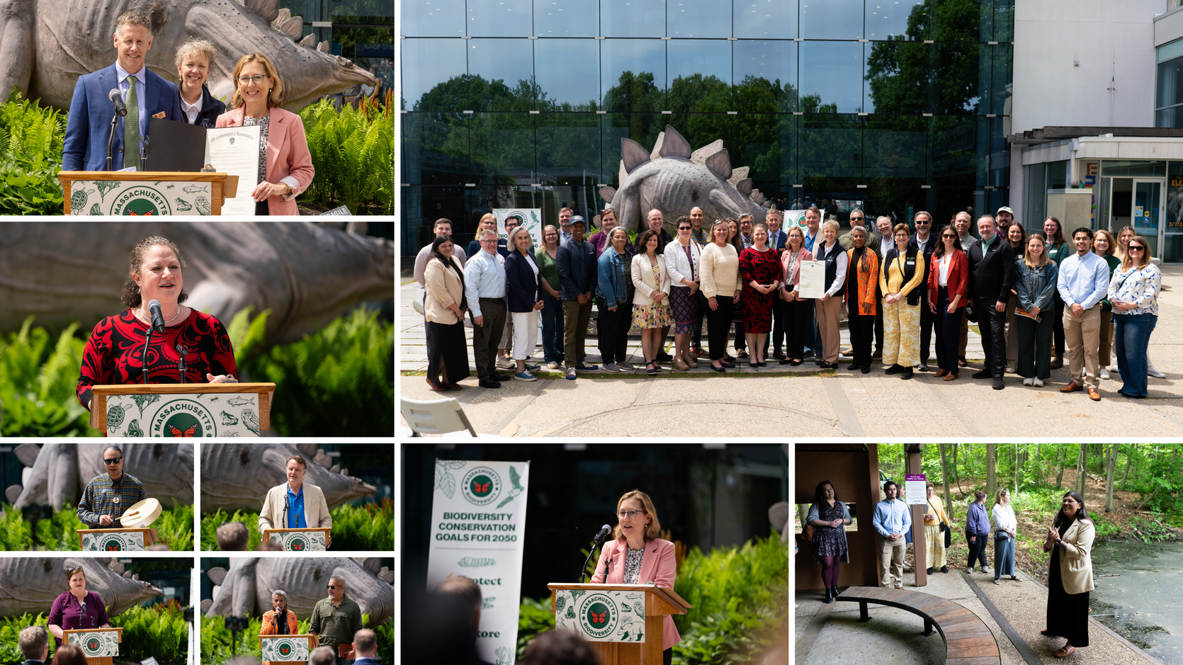 Collage of people speaking at podium on a patio.