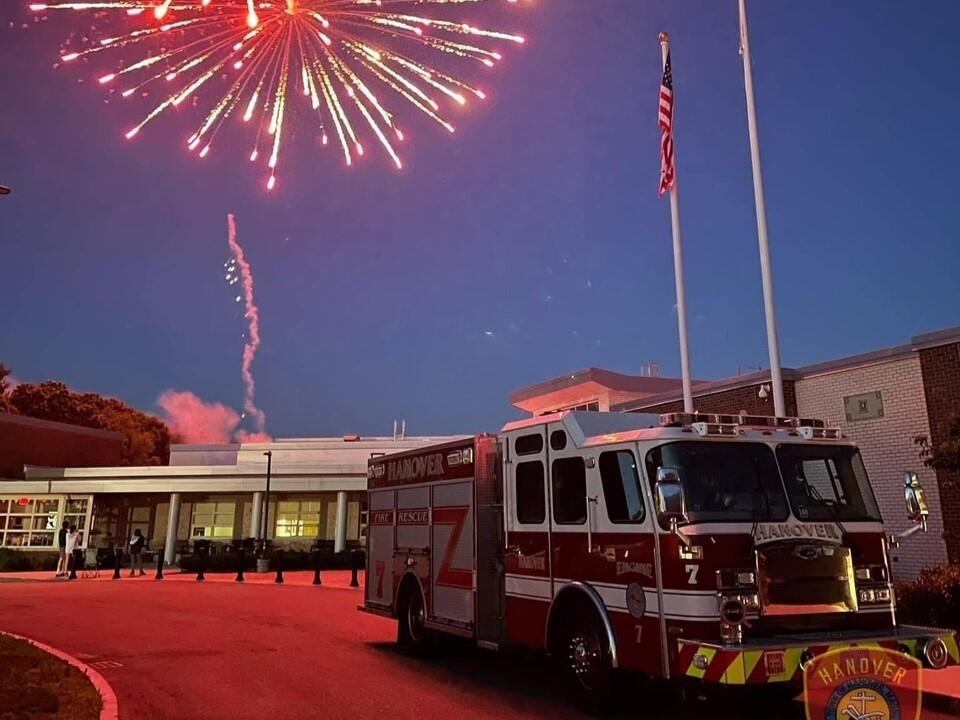 Hanover Firetruck with fireworks in the background