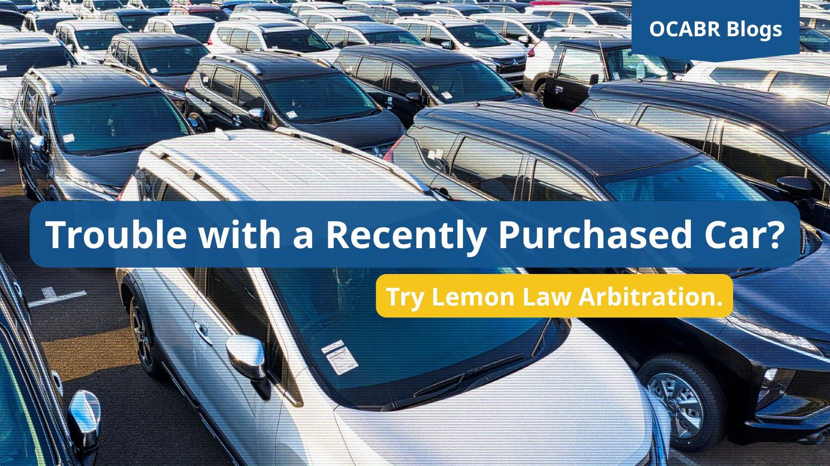 Dealership car lot, with a static effect. Blog title and subtitle are in white text on a blue and yellow box.