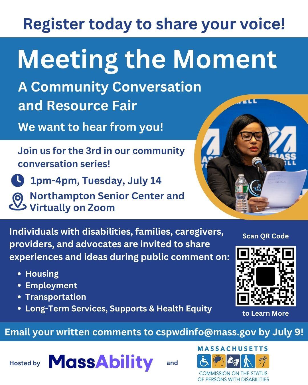 A flyer for Northampton July 14th Meeting the Moment event