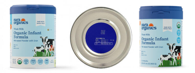 Recalled Nara Organics infant formula products, including 700g and 400g cans and the bottom of a can showing where to find the lot number.
