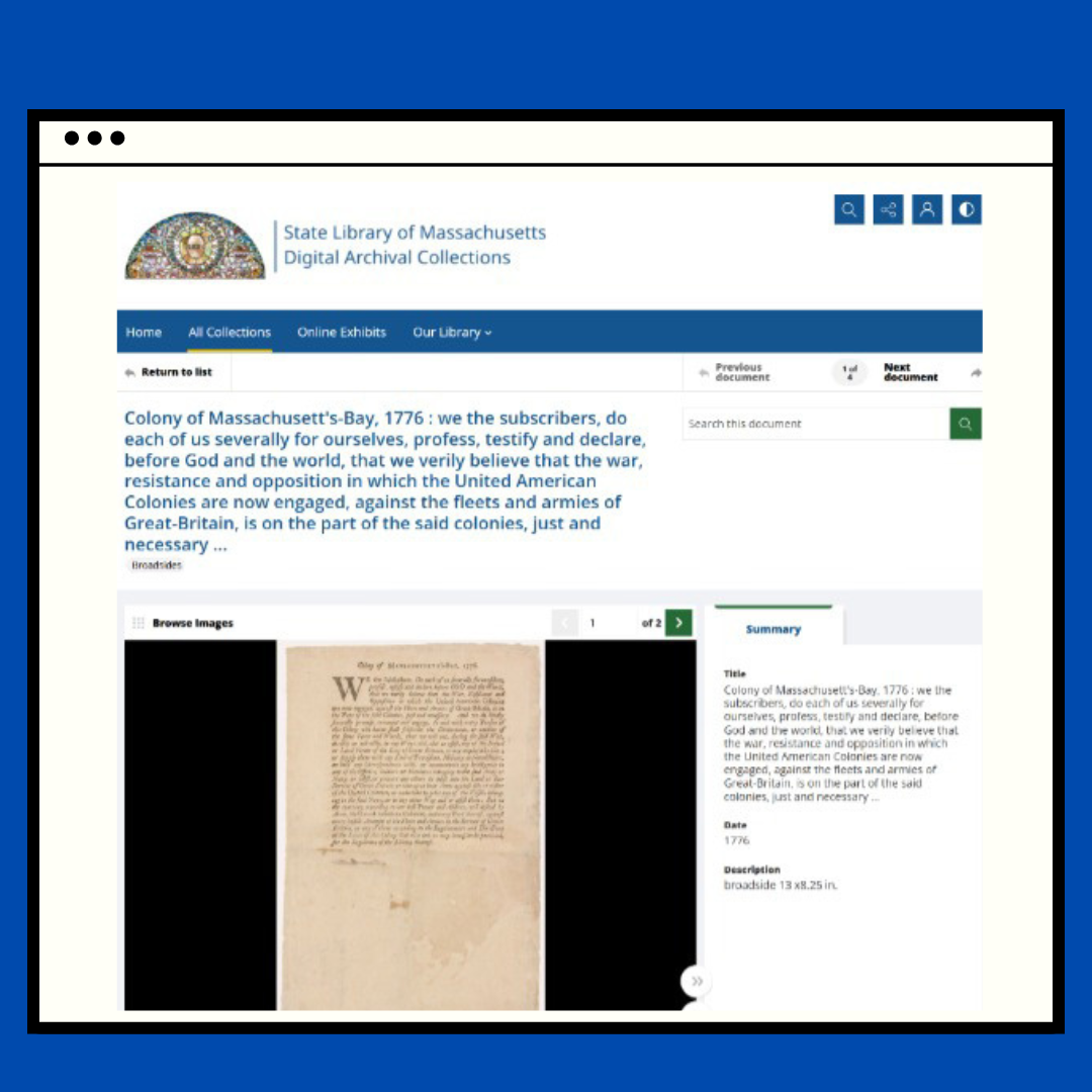 Example of an item page from State Library of Massachusetts Digital Archival Collections website
