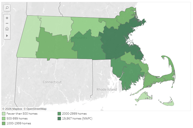 A shaded map of Massachusetts indicating where the most housing has been built
