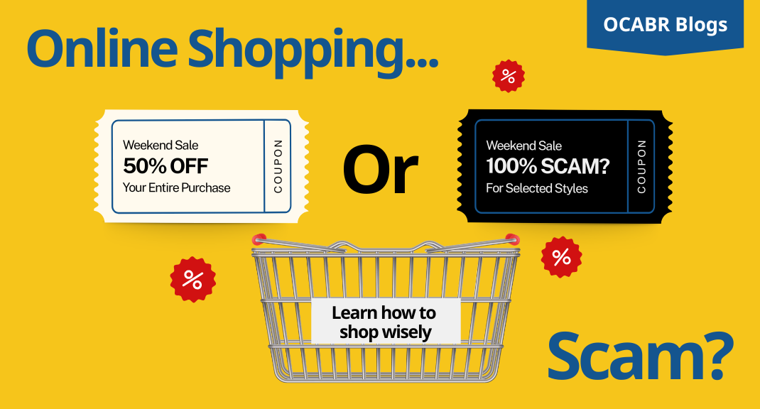 Shopping basket and ticket coupons, with a headline "Online shopping or scam?"