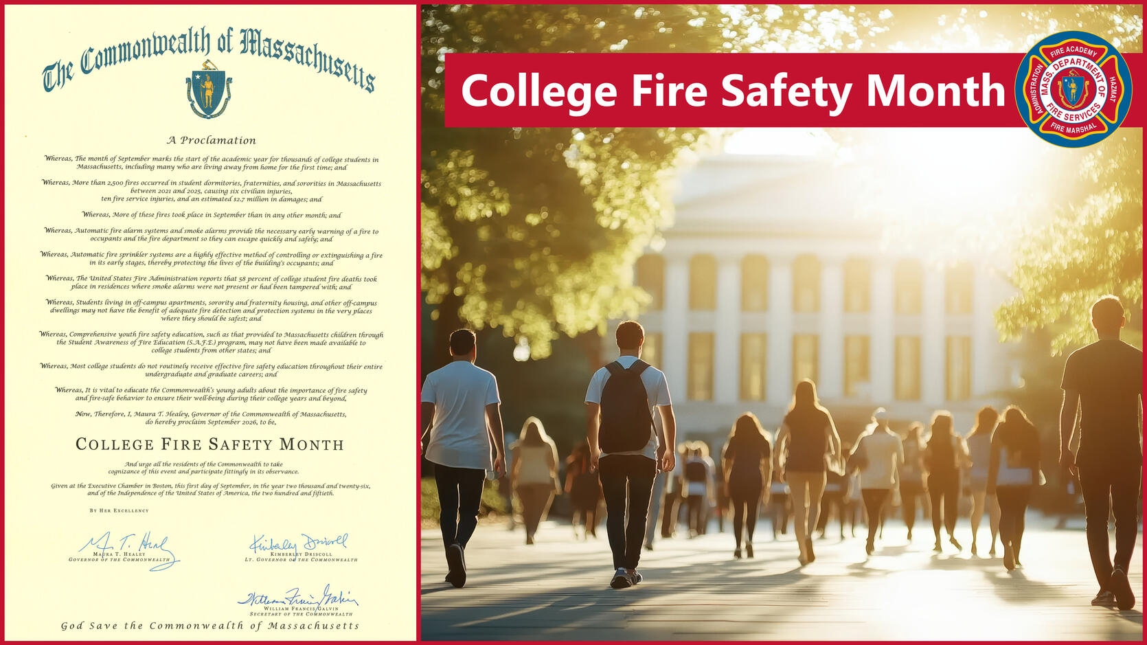 College fire safety month proclamation with image of students on a college campus
