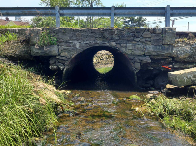 Image of a road with a stream under it.