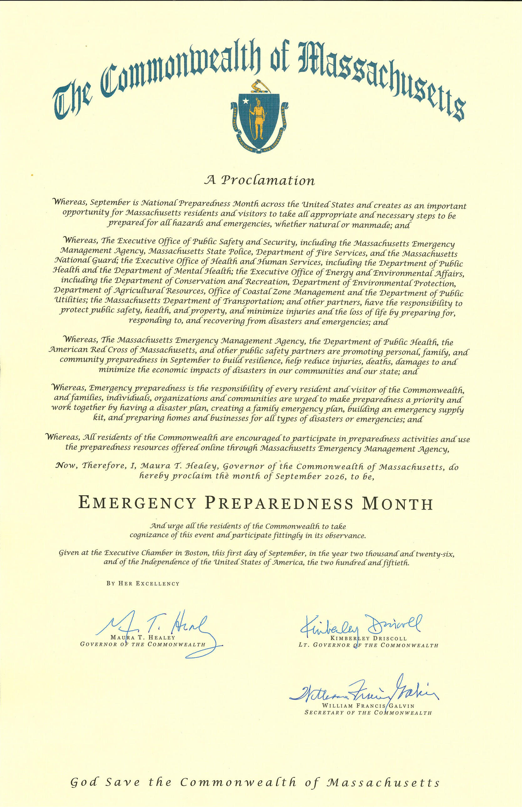Governor Healey's ‘Emergency Preparedness Month’ proclamation