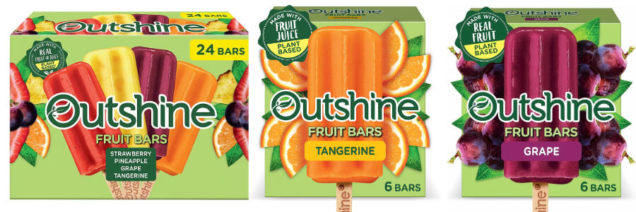 Packages of Outshine 24-count Variety Pack Fruit Bars, six-count Tangerine Fruit Bars, and six-count Grape Fruit Bars.