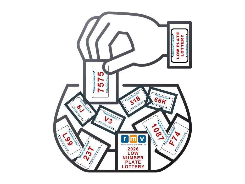 A hand is placing a ticket into a glass bowl containing several numbered tickets. The bowl has a label marked "RMV 2026 Low Number Plate Lottery."