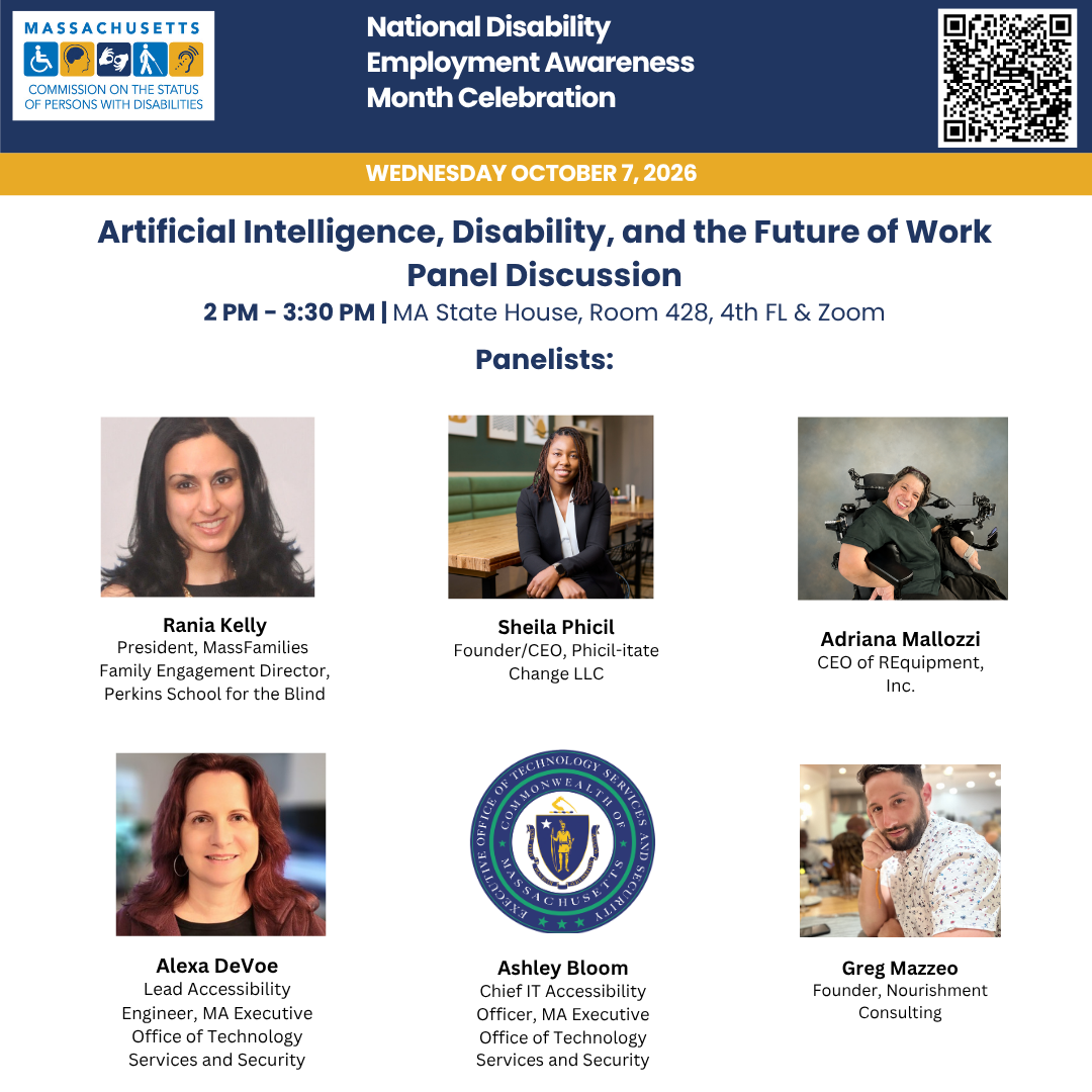 AI Flyer with panelists description, date time and location October 7 at the MA State House and on Zoom from 2 to 3:30pm with a QR code to register