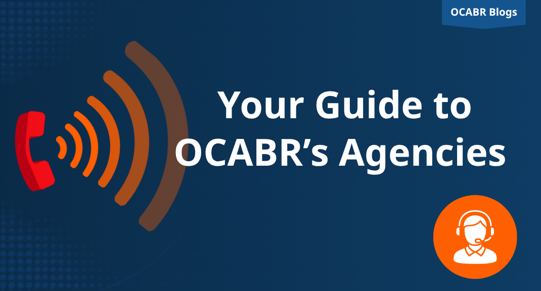 "Your Guide to OCABR's Agencies." The OCABR Blogs logo is in the upper right corner and a headset icon is in the lower right corner.