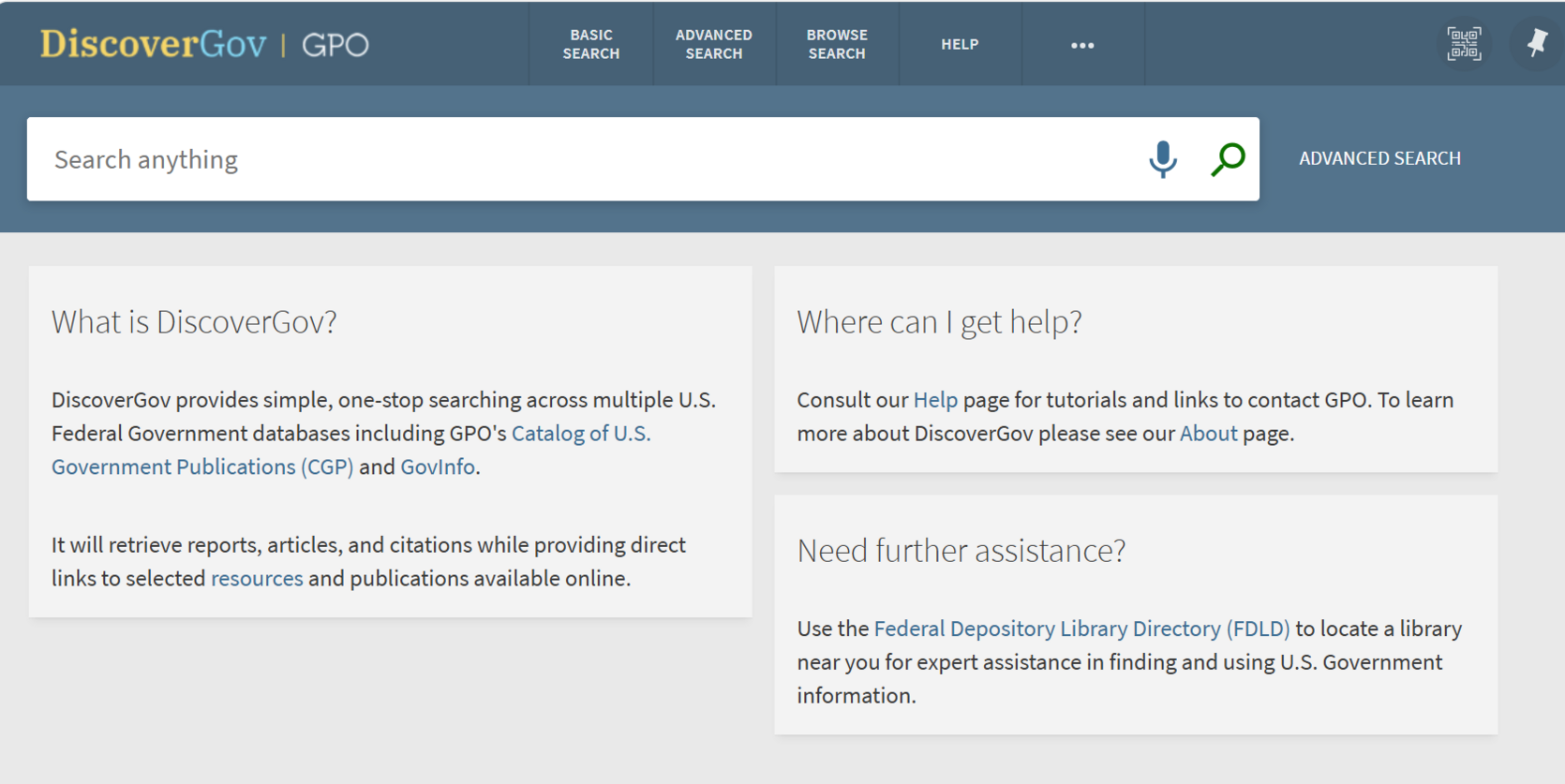 The Government Publishing Office's homepage for their DiscoverGov website, an online repository of Federal documents