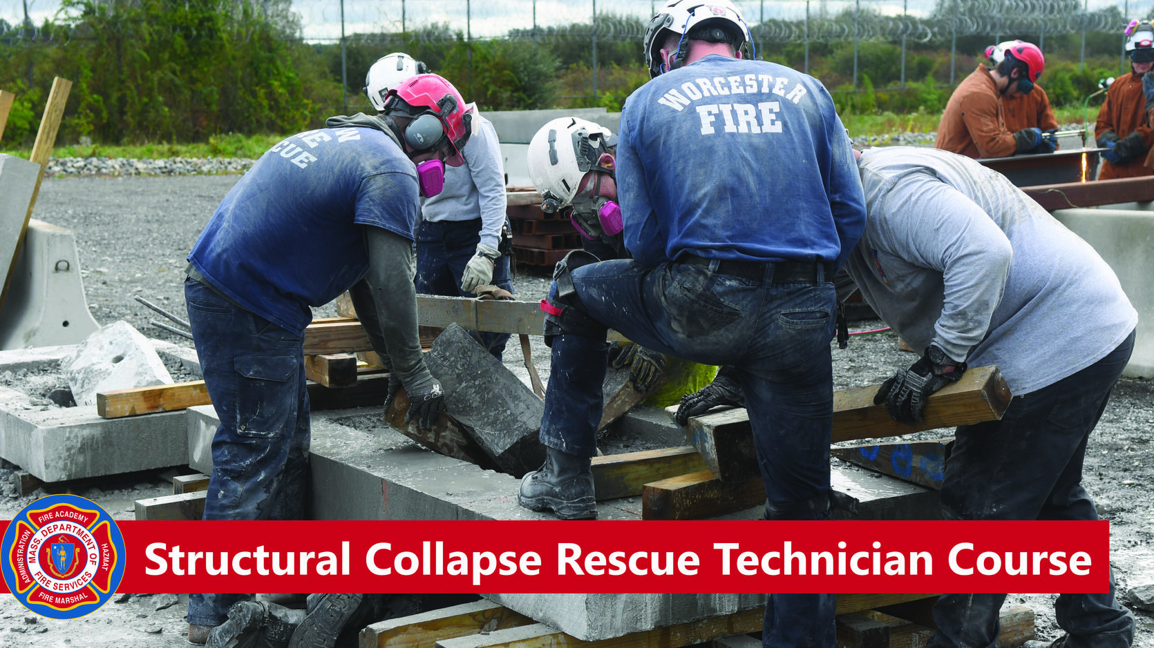 Firefighters breaching concrete slab with the text "structural collapse rescue technician course"